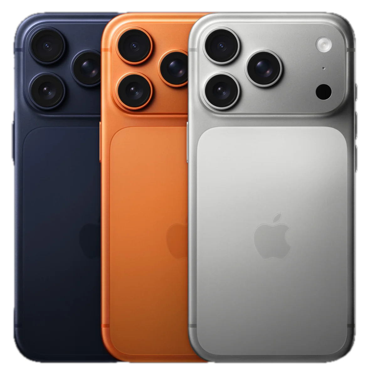 Três iPhones Pro nas cores azul, laranja e prata